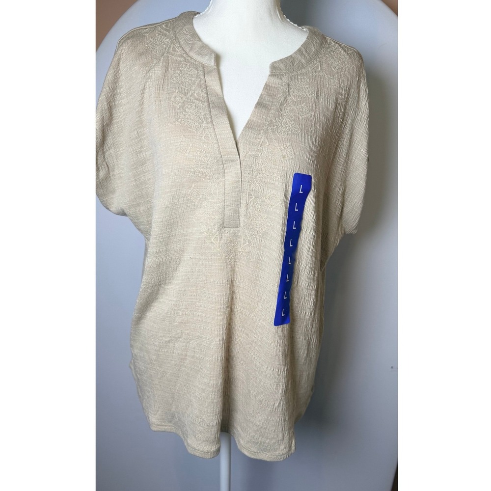 Orvis Womens Embroidered V-Neck Short Sleeve Textured Slub Knit Top Beige Large